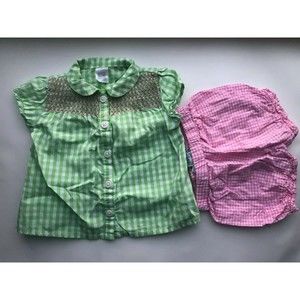 Girl's Size 9M 6-9 Months Two Piece Green Checkered Carter's Top + Pink Bloomers